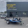 REMORQUE PORTE-MOTO   TYPE: DUO ABAISSANTE ET PLIANTE - BLEU - roue 165 R14C- avec 2 Blocs Roue- PTC:750KG (650-600) CU506 KG  Dim utiles : 2580x1370 - empattement moto : <= mm