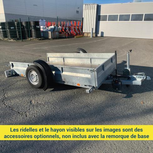 REMORQUE  ABAISSANTE HYDRAULIQUE  - roue 15580R13- PTC:750KG CU460 KG  Dim utiles : 2700x1800 - PENTE DE 3 A 5°
