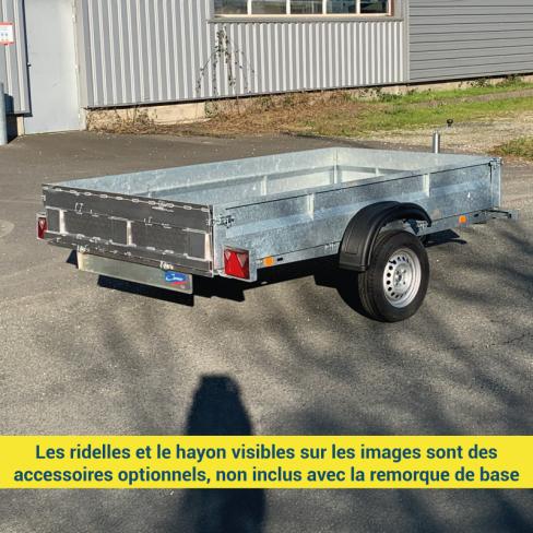 REMORQUE  ABAISSANTE HYDRAULIQUE  - roue 15580R13- PTC:750KG CU460 KG  Dim utiles : 2700x1800 - PENTE DE 3 A 5°